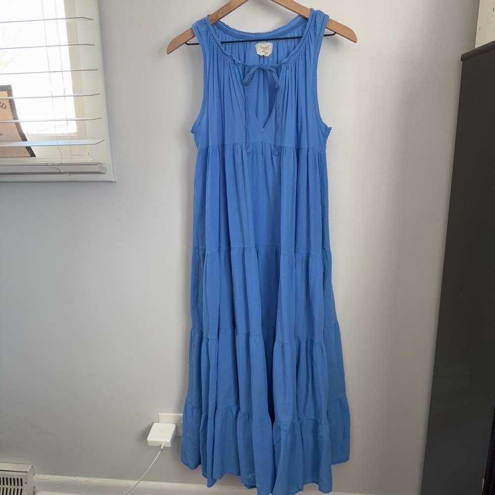 9seed‎ Petite XS Lighthouse Maxi Dress Tiered Moroccan Blue Cotton Gauze Beach